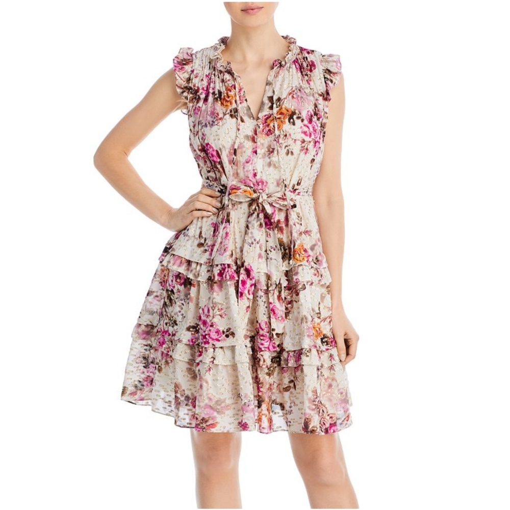 Kobi Halperin Brook Tiered Floral Gold Speck Silk Blend Dress NWT